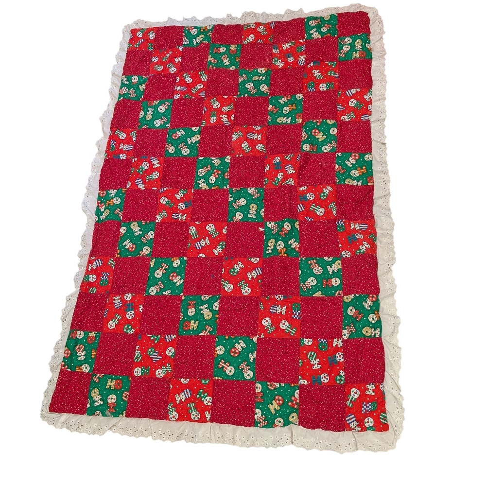 Vintage Christmas Festive Red and Green Patchwork Quilt with Lace Trim